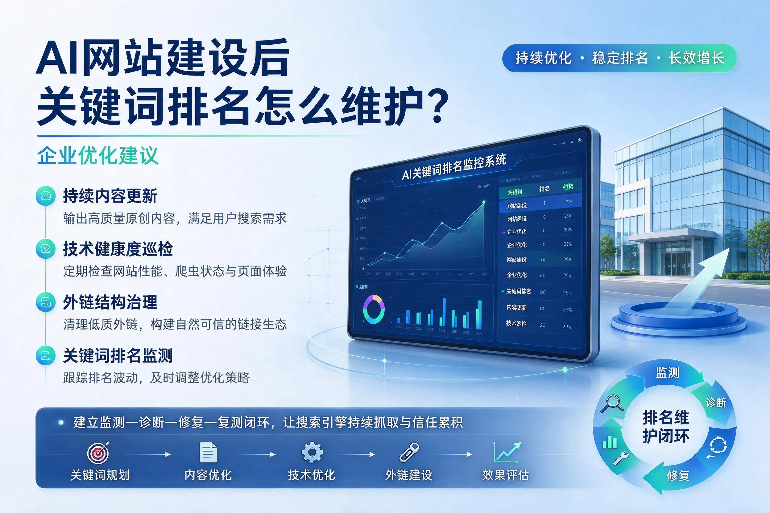 AI网站建设后关键词排名怎么维护?琼中企业优化建议